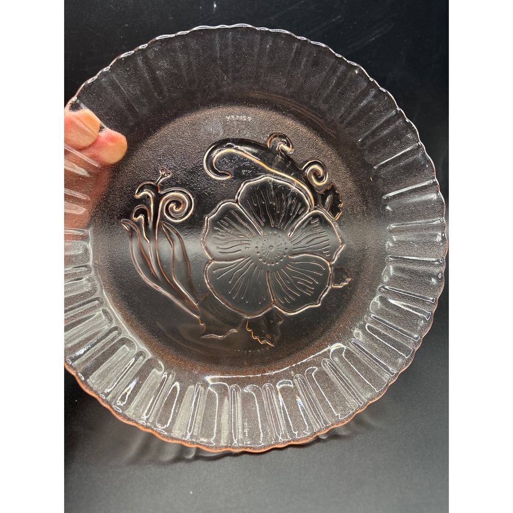 Vintage Pink Glass Bowls Plates Set of 4 Nova Crisa Mexico Hibiscus Floral Retro - Picture 3 of 6
